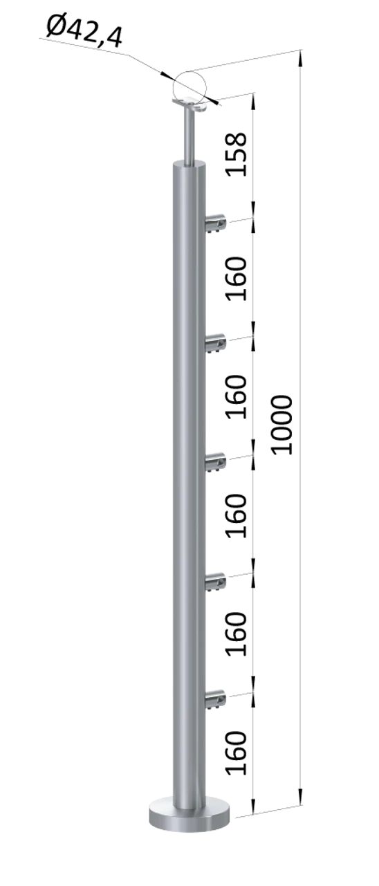 nerezový stĺp, vrchné kotvenie, 5 radový priechodný, vrch pevný (ø 42.4x2mm), brúsená nerez K320 /AISI316