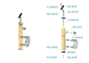 dřevěný sloup, boční kotvení, 4 řadový, průchozí, vnitřní, vrch nastavitelný (ø 42mm), materiál: buk, broušený povrch s nátěrem BORI (bezbarvý) - slide 2