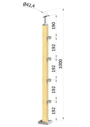 dřevěný sloup, vrchní kotvení, 4 řadový, průchozí, vrch pevný (40x40mm), materiál: buk, broušený povrch bez nátěru - slide 0
