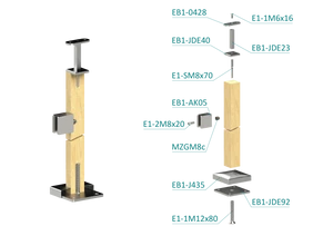 dřevěný sloup, vrchní kotvení, výplň: sklo, levý, vrch pevný (40x40mm), materiál: buk, broušený povrch s nátěrem BORI (bezbarvý) - slide 1