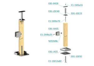 dřevěný sloup, vrchní kotvení, výplň: sklo, levý, vrch pevný (40x40mm), materiál: buk, broušený povrch s nátěrem BORI (bezbarvý) - slide 1