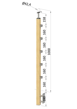 Dřevěný sloup, boční kotvení, 5 řadový, průchozí, vnitřní, vrch pevný (40x40 mm), materiál: buk, broušený povrch s nátěrem BORI (bezbarvý)
