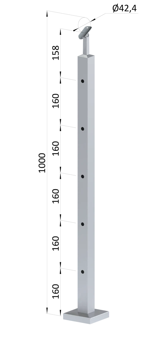 nerezový stĺp, vrchné kotvenie, 5 dierový priechodný, vrch nastaviteľný (40x40mm), brúsená nerez K320 /AISI304
