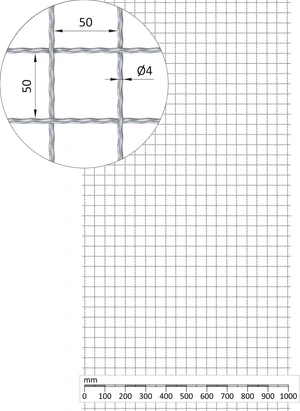 Žebírkové pletené síto - rovné, oko: 50x50mm, průměr pletiva ø4mm, rozměr 1000x2000mm, pozinkované - slide 0