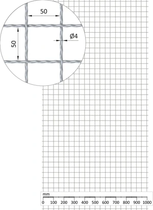 Rebierkové pletené sito - rovné, oko: 50x50mm, priemer pletiva 4mm, rozmer 1000x2000mm, žiarovo pozinkované - slide 0
