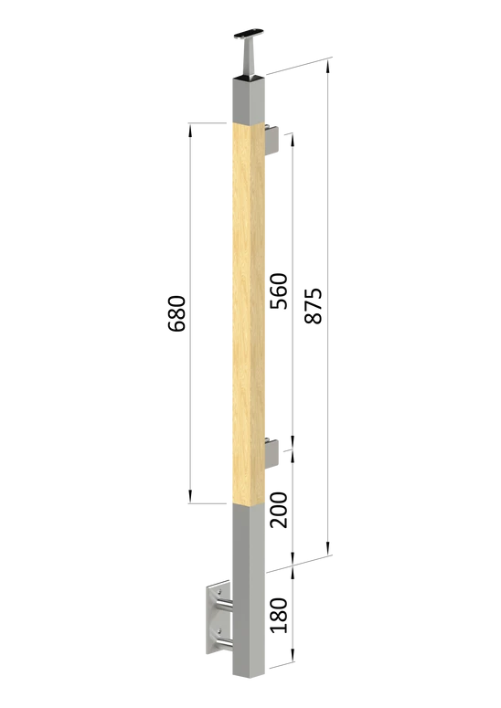 dřevěný sloup, boční kotvení, výplň: sklo, levý, vrch pevný (40x40mm), materiál: buk, broušený povrch bez nátěru