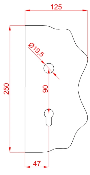 Štít 250x125x3mm s otvormi, otvor pre kľučku ø 19,5mm, zdobený, pravý, pre zámok ZM90/80 - slide 1