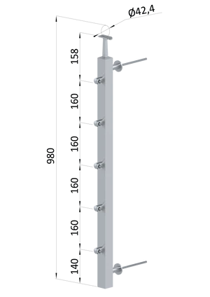 Nerezový sloup na francouzský balkón, boční kotvení, 5 řadový, pravý, vrch pevný, (40x40x2.0 mm), broušená nerez K320 /AISI304 - slide 0