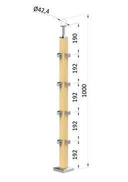 Dřevěný sloup, vrchní kotvení, 4 řadový, rohový: 90° vrch pevný (40x40 mm), materiál: buk, broušený povrch s nátěrem BORI (bezbarvý)