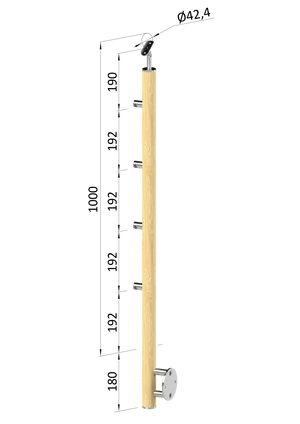 drevený stĺp, bočné kotvenie, 4 radový, priechodný, vonkajší, vrch nastaviteľný (ø 42mm), materiál: buk, brúsený povrch bez náteru - slide 0