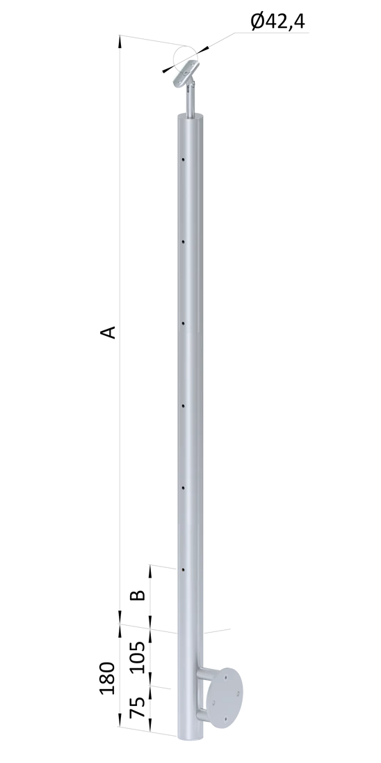 nerezový stĺp, bočné kotvenie, 6 dierový priechodný na lanko, vrch nastaviteľný, (ø 42.4x2mm), brúsená nerez K320 /AISI304