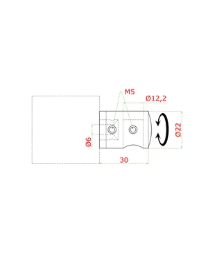 Držiak tyče ø 12mm (koncový-pravý) plochý (30x22mm), brúsená nerez K320 /AISI304 - slide 1