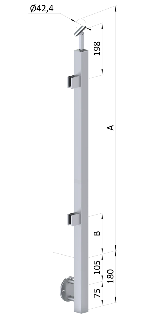 nerezový stĺp, bočné kotvenie, výplň: sklo, ľavý, vrch nastaviteľný (40x40mm), brúsená nerez K320 /AISI304