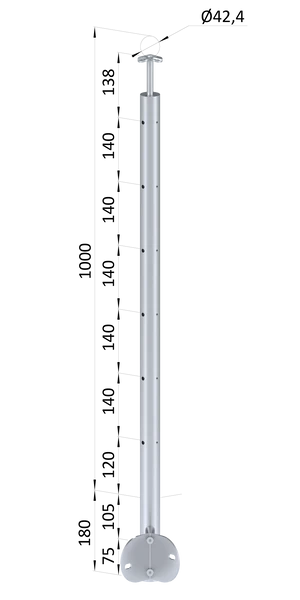 nerezový stĺp, bočné kotvenie rohové, 6 dierový na lanko, rohový:90°, vrch pevný (ø 42.4x2mm), brúsená nerez K320 /AISI304 - slide 0