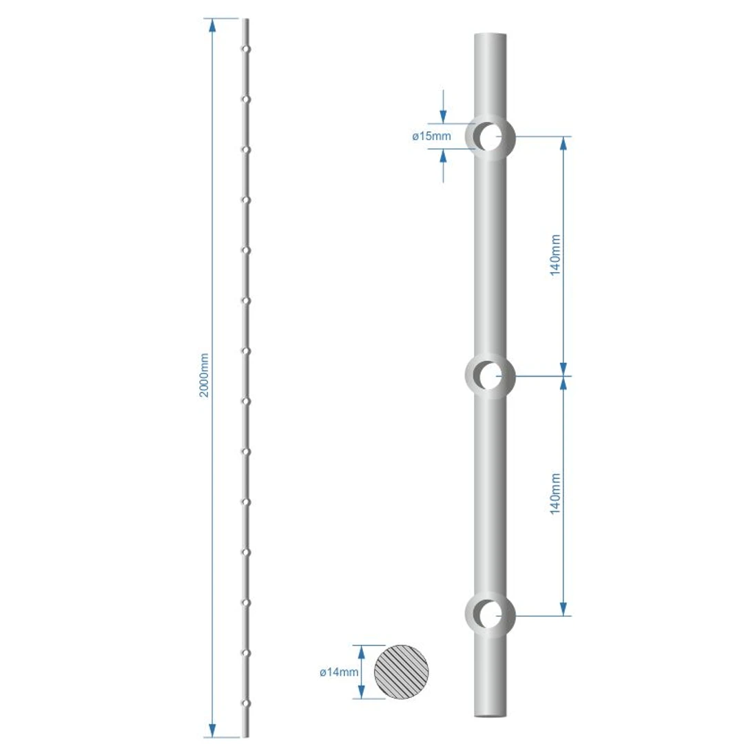 Tyč 2m opieskovaná, profil 14mm, rozteč 140mm, oko 15mm