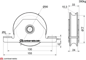 Vodiace koliesko ø 90mm pre zapustenie do jokla dvojložisková Combi Arialdo, pre profil C902/20, nosnosť 390kg - slide 1