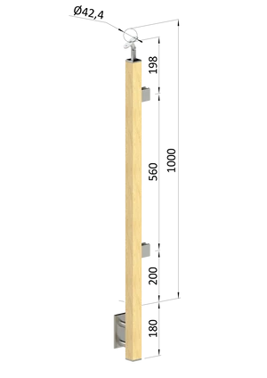 drevený stĺp, bočné kotvenie, výplň: sklo, koncový, pravý, vrch nastaviteľný (40x40mm), materiál: buk, brúsený povrch bez náteru - slide 0