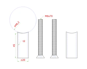 Přechod na vymezení vzdálenosti mezi sloupem ø 48,3 mm a kotevní deskou, ø 20x2,0 mm /L:45 mm, vnitřní šroub: M8x70 mm, broušená nerez K320 / AISI304, bal: 2ks - slide 1