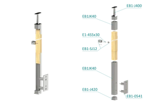 dřevěný sloup, boční kotvení, 4 řadový, průchozí, vnější, vrch pevný (40x40mm), materiál: buk, broušený povrch s nátěrem BORI (bezbarvý) - slide 1