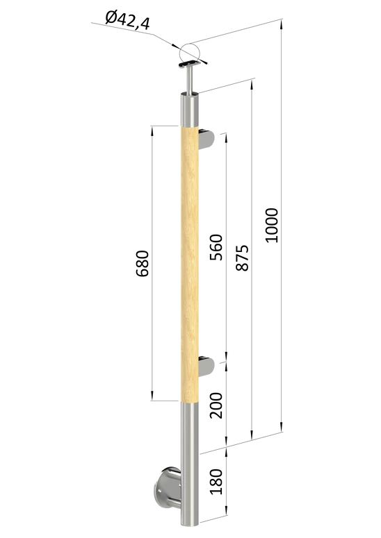 drevený stĺp, bočné kotvenie, výplň: sklo, pravý, vrch pevný (ø 42mm), materiál: buk, brúsený povrch s náterom BORI (bezfarebný)
