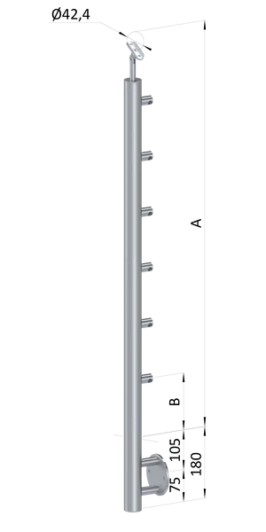 nerezový stĺp, bočné kotvenie, 6 radový priechodný, vnútorný, vrch nastaviteľný (ø 42.4x2mm), leštená nerez /AISI304 - slide 0