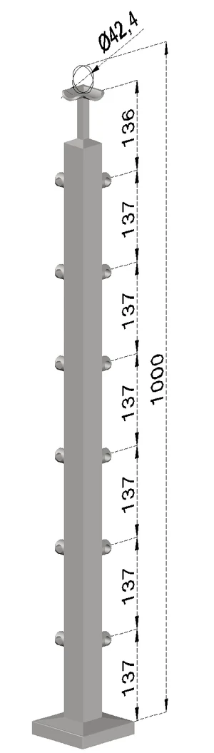 Nerezový sloup, vrchní kotvení, 6 řadový rohový, vrch pevný, (40x40 mm), broušená nerez K320 / AISI304 - slide 0