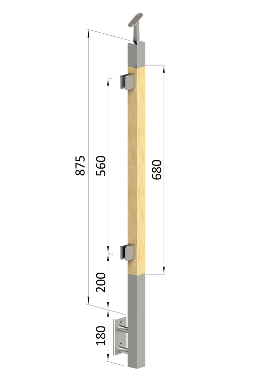 dřevěný sloup, boční kotvení, výplň: sklo, levý, vrch nastavitelný (40x40mm), materiál: buk, broušený povrch bez nátěru