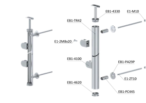 Nerezový sloup, boční kotvení, výplň: sklo, levý, vrch pevný, (ø42.4x2 mm), broušená nerez K320 /AISI304 - slide 2