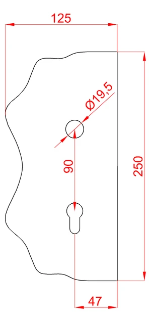 Štít 250x125x3mm s otvormi, otvor pre kľučku ø 19,5mm, zdobený, ľavý, pre zámok ZM90/80 - slide 1