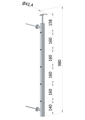 Nerezový sloup na francouzsky balkón, boční kotvení, 5 dírový, průchozí, vrch pevný, (ø 42.4x2 mm), broušená nerez K320 /AISI304 - slide 0