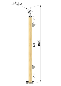 Dřevěný sloup, vrchní kotvení, výplň: sklo, pravý, vrch nastavitelný (ø 42mm), materiál: buk, broušený povrch bez nátěru