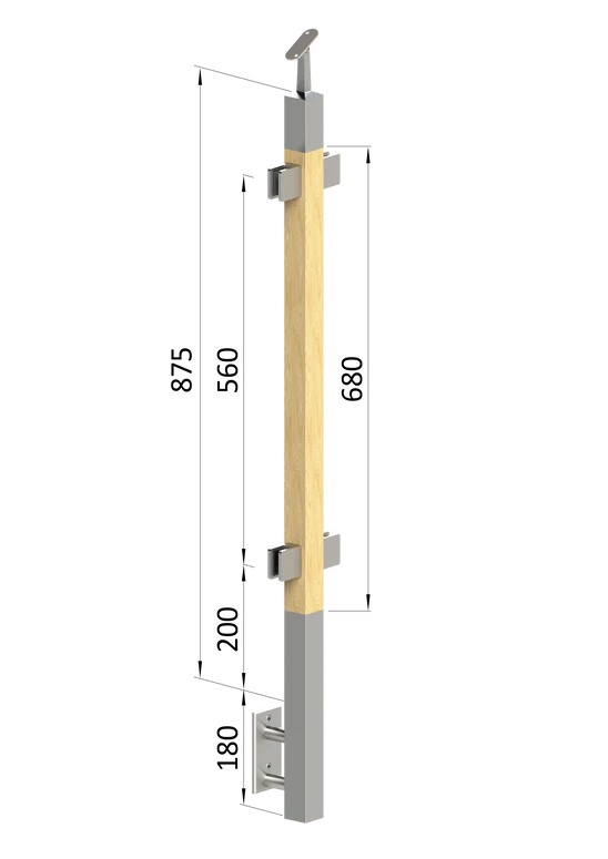 drevený stĺp, bočné kotvenie, výplň: sklo, priechodný, vrch nastaviteľný (40x40mm), materiál: buk, brúsený povrch bez náteru