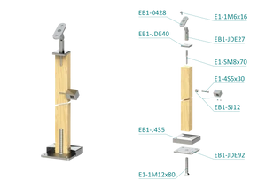 dřevěný sloup, vrchní kotvení, 5 řadový, průchozí, vrch nastavitelný (40x40mm), materiál: buk, broušený povrch s nátěrem BORI (bezbarvý) - slide 1