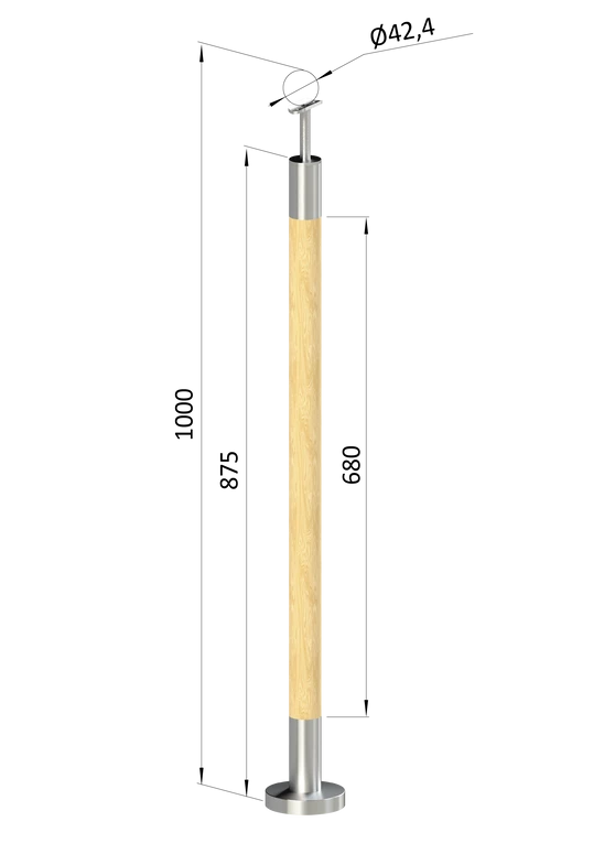 dřevěný sloup, vrchní kotvení, bez výplně, vrch pevný (ø 42mm), materiál: buk, broušený povrch bez nátěru