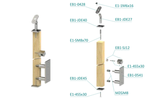 dřevěný sloup, boční kotvení, 5 řadový, průchozí, vnitřní, vrch nastavitelný (40x40mm), materiál: buk, broušený povrch s nátěrem BORI (bezbarvý) - slide 1