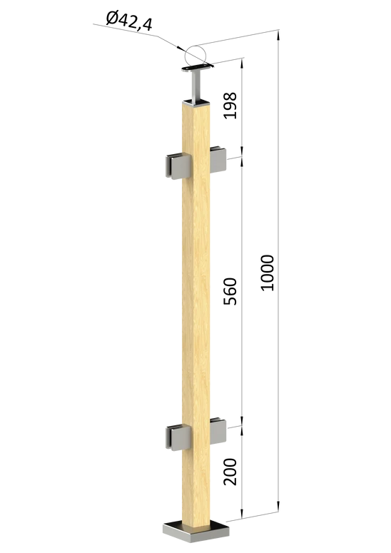 drevený stĺp, vrchné kotvenie, výplň: sklo, priechodný, vrch pevný (40x40mm), materiál: buk, brúsený povrch bez náteru