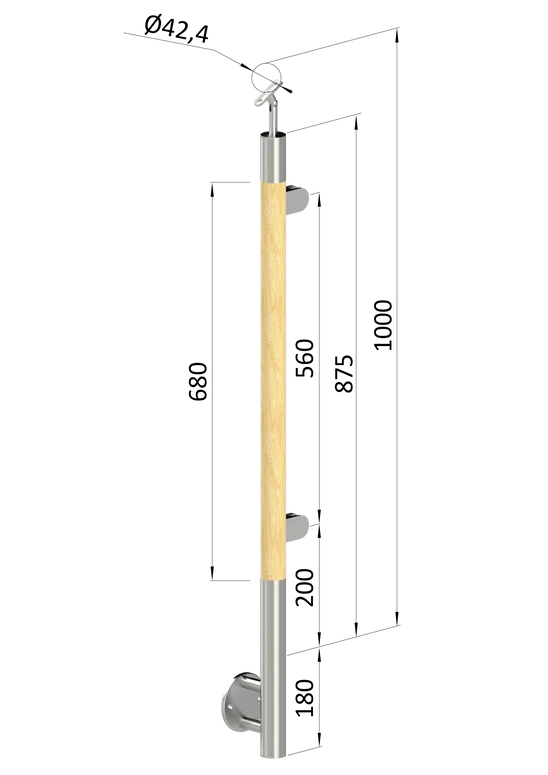 drevený stĺp, bočné kotvenie, výplň: sklo, pravý, vrch nastaviteľný (ø 42mm), materiál: buk, brúsený povrch s náterom BORI (bezfarebný)