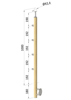 Dřevěný sloup, boční kotvení, 4 řadový, průchozí, vnější, vrch pevný (ø42 mm), materiál: buk, broušený povrch s nátěrem BORI (bezbarvý) - slide 0