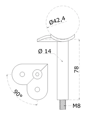 Držák madla (90° úhel) na trubku ø 42,4 mm (78 mm / závit M8), nerez broušená K320 / AISI304 - slide 1