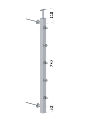 Nerezový sloup na francouzský balkón, boční kotvení, 5 řadový, průchozí, vrch pevný, (40x40x2.0 mm), broušená nerez K320 /AISI304 - slide 1