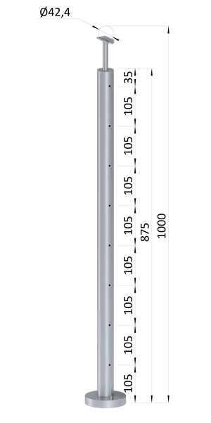 Nerezový sloup, vrchní kotvení, 8 děrový na lanko, koncový, vrch pevný (ø 42.4x2mm), broušená nerez K320 /AISI304 - slide 0