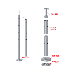 Nerezový sloup, vrchní kotvení, 6 děrový, rohový: 90°, vrch pevný, (ø42,4x2 mm), broušená nerez K320 / AISI304 - slide 2