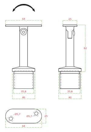Držák madla s kloubem / plochý (64x81mm), broušená nerez K320 / AISI304 - slide 1