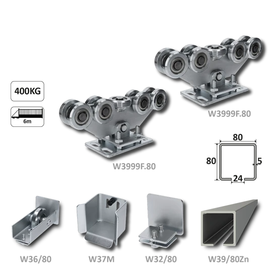 samonosný systém 80x80x5mm posuvnej brány do 400kg/6m otvor (W39/80Zn 6m pozinkovaný profil, 1x W-SET809F)