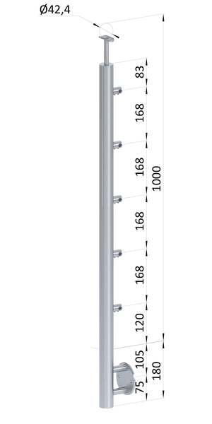 nerezový stĺp, bočné kotvenie, 5 radový priechodný, vnútorný, vrch pevný, (ø 42.4x2mm), brúsená nerez K320 /AISI304 - slide 0