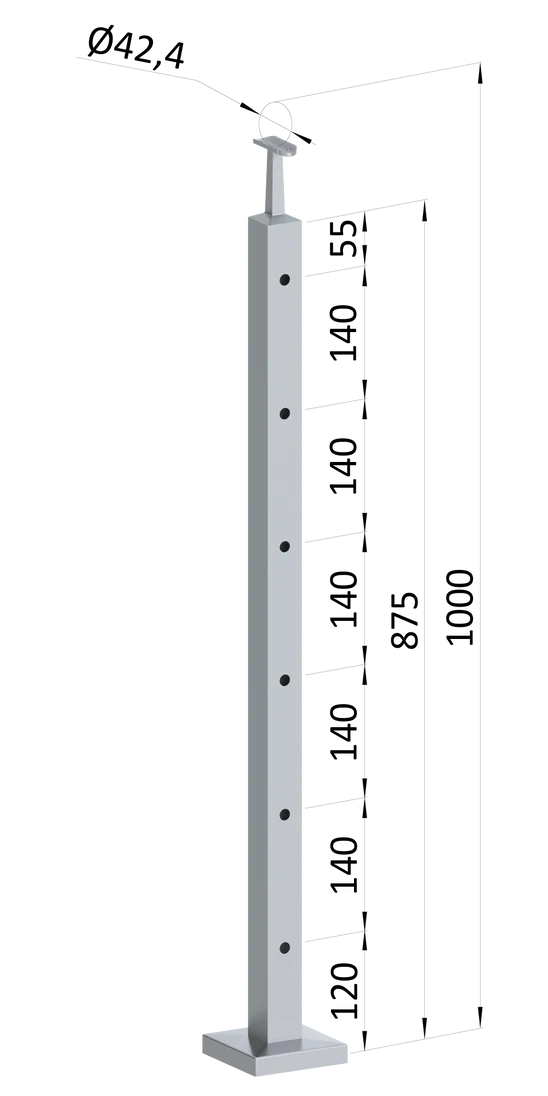Nerezový sloup, vrchní kotvení, 6 děrový koncový, vrch pevný (40x40 mm), broušená nerez K320 / AISI304