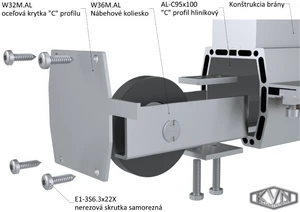 Hliníkový samonosný systém 95x100x11 mm pro posuvné brány do 150 kg / 6,5 m průjezdu (AL-C95x100-6, 2x W38M.AL, W36M.AL, 2x W32M.AL, W37/95, 12x CREM-05AL, 1 pár CREM-ALX) - slide 6