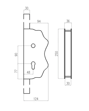 Kazetová zostava pre bránku 250x125x30mm, otvor pre kľučku ø 20mm, na profil 30x30mm, hladká, pre zámok ZM90/80 - slide 1