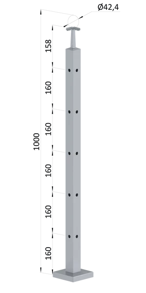 Nerezový sloup, vrchní kotvení, 5 děrový rohový, vrch pevný, (40x40 mm), broušená nerez K320 / AISI304 - slide 0