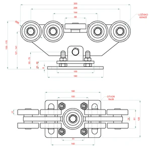 vozík pre C-profil 80x80x5mm výškovo nastaviteľný, 9x oceľové koliesko s ložiskom 6204ZZ, galvanické zinkovanie - slide 1